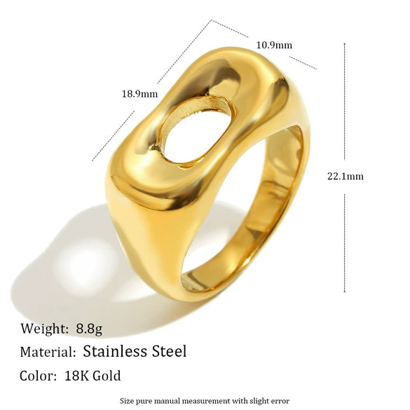 Wholesale Female Hand Jewelry Stainless Steel Electroplated 18K Geometric Hollow Long Bread Ring Light Luxury Style