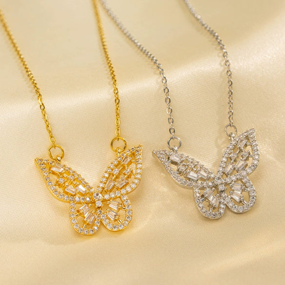 Wholesale Female Hollow Three Dimensional Butterfly Titanium Steel Necklace With Micro Inlaid Zircon And Gold Inlaid And 533 Vacuum Electroplating In Furnace