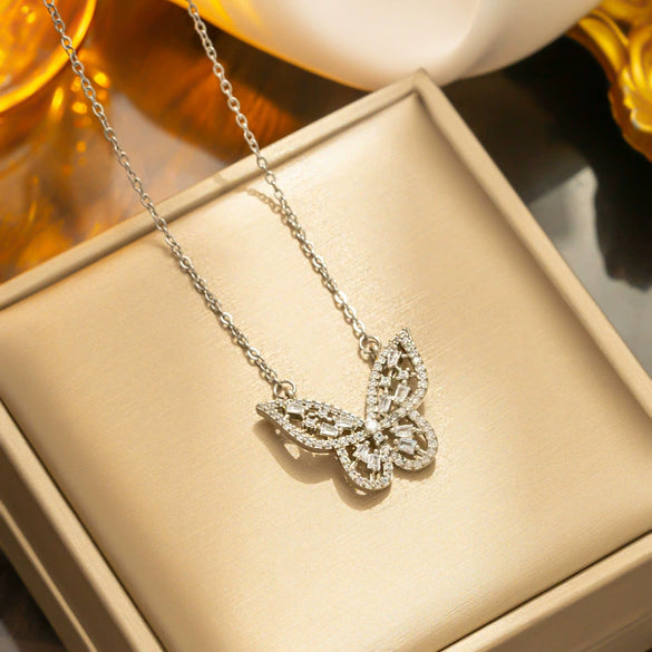 Wholesale Female Hollow Three Dimensional Butterfly Titanium Steel Necklace With Micro Inlaid Zircon And Gold Inlaid And 533 Vacuum Electroplating In Furnace