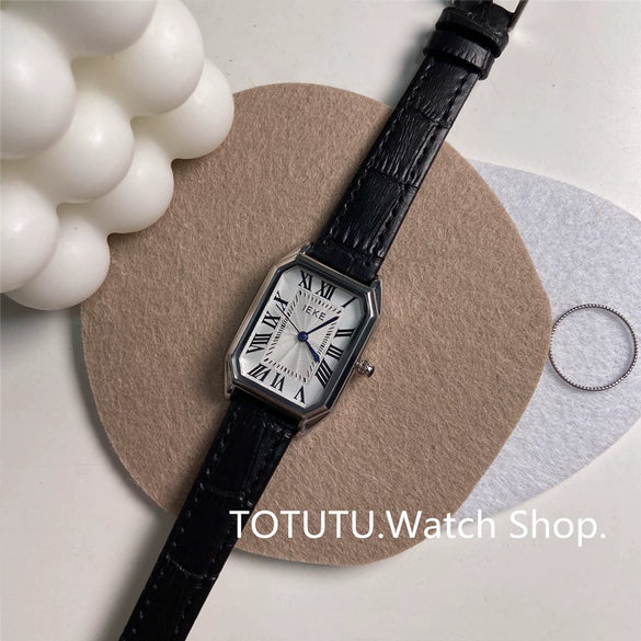Wholesale Female Rectangular Genuine Leather Quartz Watch Retro Artistic Style Alloy Case Ordinary Glass Mirror Pin Buckle Stainless Steel Clasp