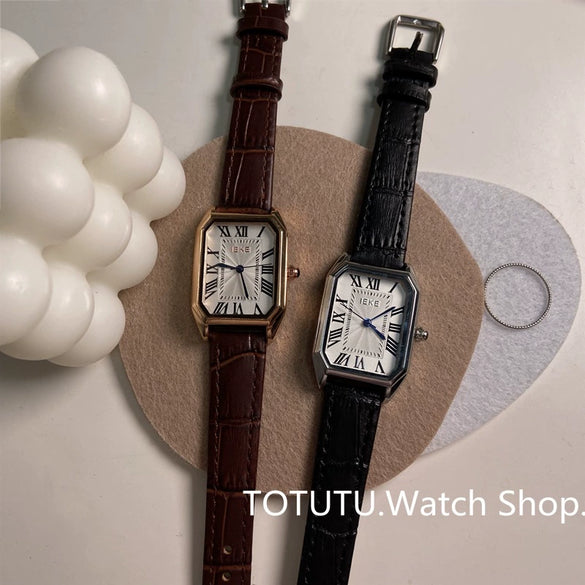 Wholesale Female Rectangular Genuine Leather Quartz Watch Retro Artistic Style Alloy Case Ordinary Glass Mirror Pin Buckle Stainless Steel Clasp
