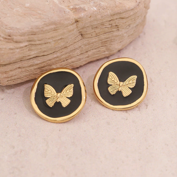 Wholesale Female Retro Butterfly Ear Studs In Medieval Style With Dripping Oil Process And Stainless Steel Material