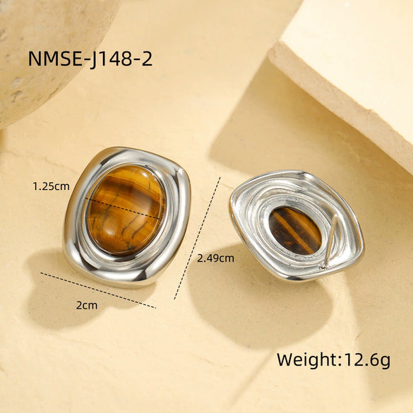 Wholesale Female Retro Style Oval Tiger Eye Stone Stainless Steel 18K Electroplated Earrings