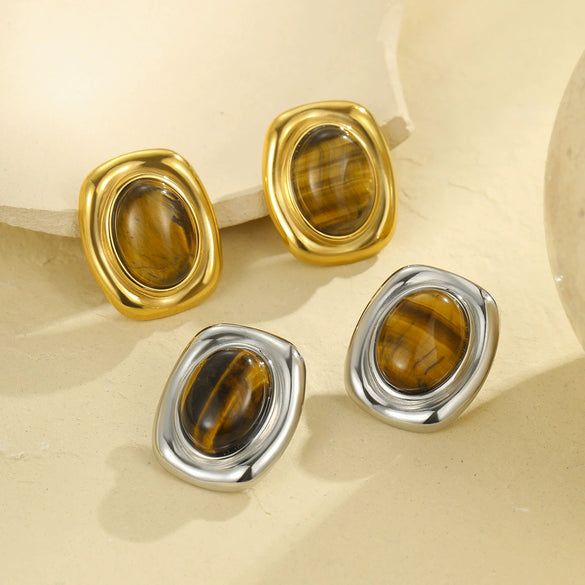 Wholesale Female Retro Style Oval Tiger Eye Stone Stainless Steel 18K Electroplated Earrings