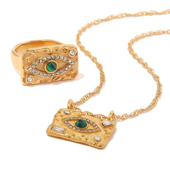 Wholesale Female Ring Stainless Steel 18K Gold Plated Zircon Green Malachite Lava Square Geometric Design