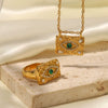 Wholesale Female Ring Stainless Steel 18K Gold Plated Zircon Green Malachite Lava Square Geometric Design
