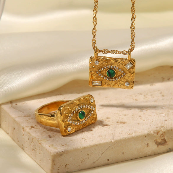 Wholesale Female Ring Stainless Steel 18K Gold Plated Zircon Green Malachite Lava Square Geometric Design