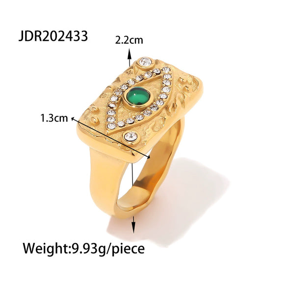 Wholesale Female Ring Stainless Steel 18K Gold Plated Zircon Green Malachite Lava Square Geometric Design