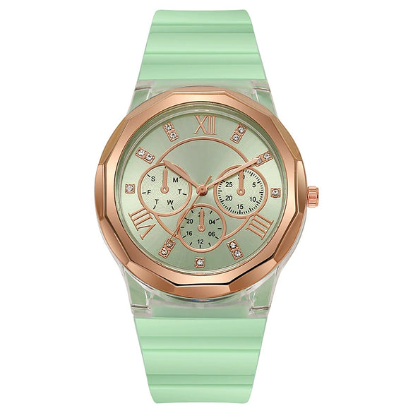 Wholesale Female Students' Fashion Silicone Watch With Rhinestones Round Dial And Sapphire Crystal Glass Mirror Luxury Leisure Style