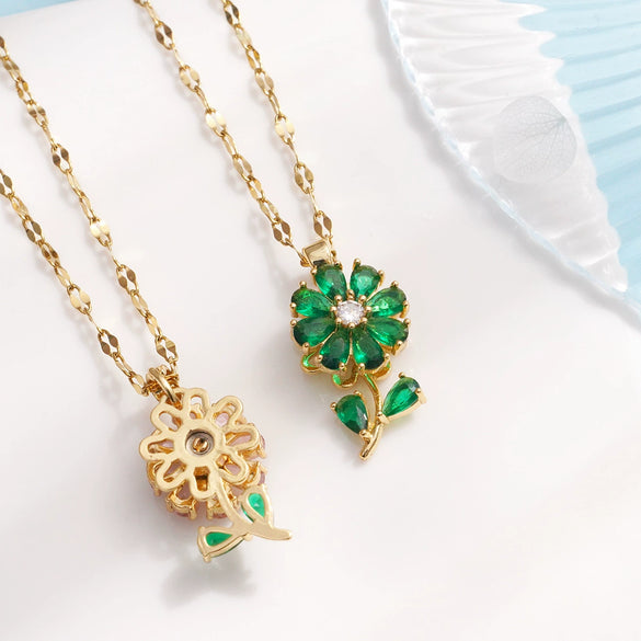 Wholesale Female Titanium Steel And Copper Ochain Necklace With Microinlaid Zircon Rotating Flower Pendant Light Luxury Style Electroplating Treatment