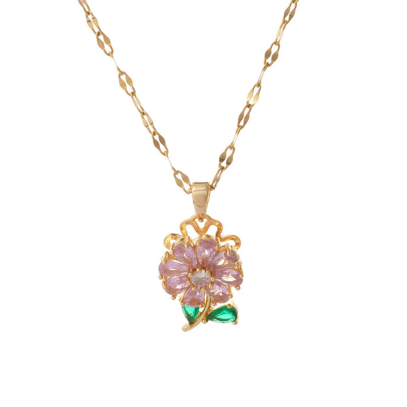 Wholesale Female Titanium Steel And Copper Ochain Necklace With Microinlaid Zircon Rotating Flower Pendant Light Luxury Style Electroplating Treatment