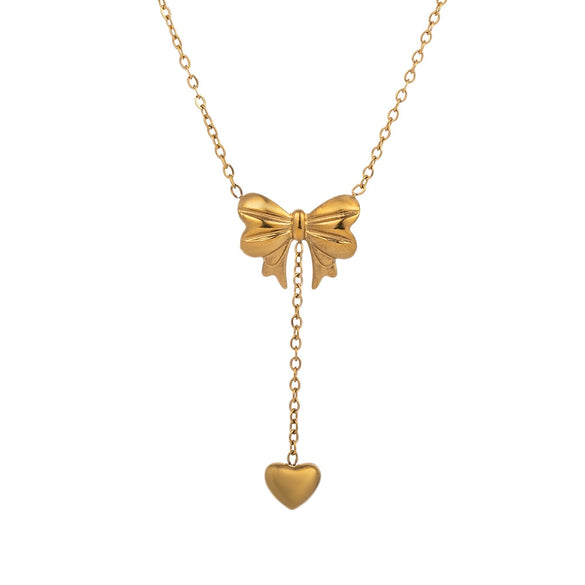 Wholesale Female Titanium Steel Electroplated Bow And Heart Pendant Necklace And Earrings Set With Oshaped Chain
