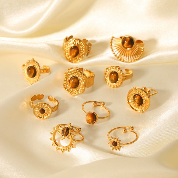 Wholesale Female's Retro Geometric Stainless Steel Ring Inlaid With Natural Tiger Eye Stone Set With Gemstones