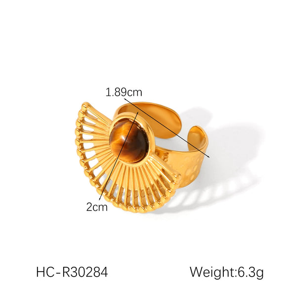 Wholesale Female's Retro Geometric Stainless Steel Ring Inlaid With Natural Tiger Eye Stone Set With Gemstones