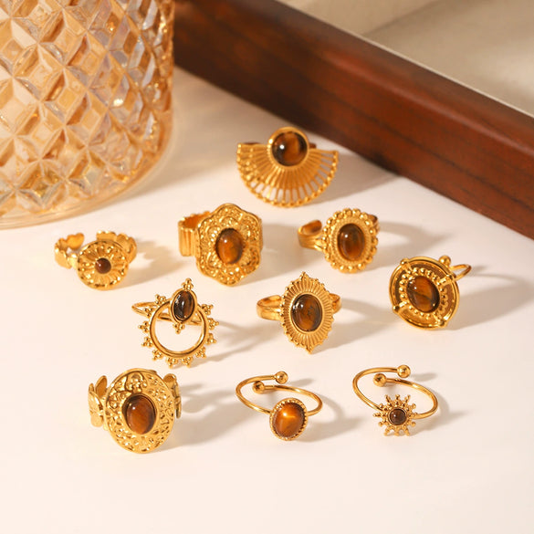 Wholesale Female's Retro Geometric Stainless Steel Ring Inlaid With Natural Tiger Eye Stone Set With Gemstones