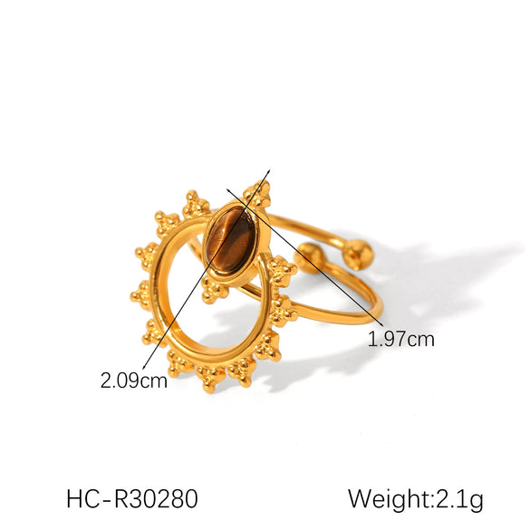 Wholesale Female's Retro Geometric Stainless Steel Ring Inlaid With Natural Tiger Eye Stone Set With Gemstones