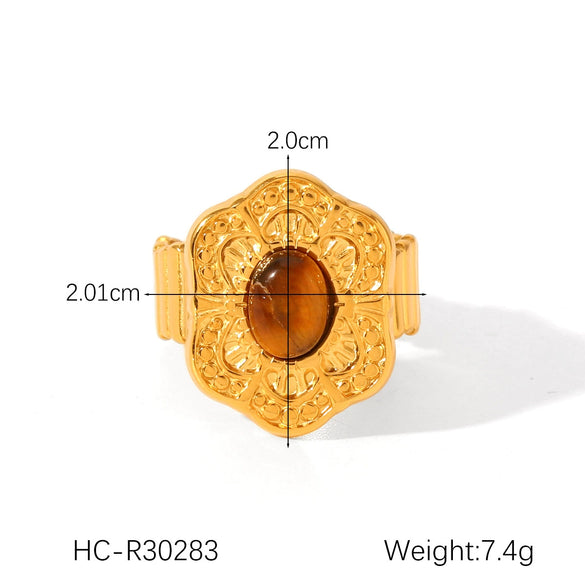 Wholesale Female's Retro Geometric Stainless Steel Ring Inlaid With Natural Tiger Eye Stone Set With Gemstones