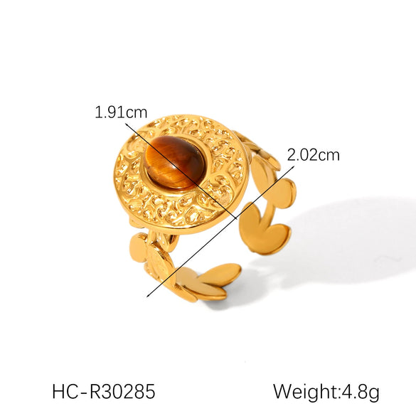 Wholesale Female's Retro Geometric Stainless Steel Ring Inlaid With Natural Tiger Eye Stone Set With Gemstones