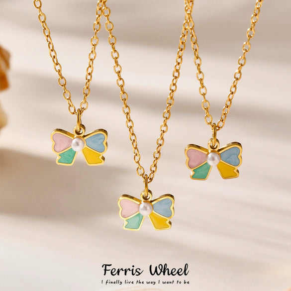 Wholesale Ferris Wheel Colorful Oil Dripping Bow Kids Jewelry Set Stainless Steel Enamel Glaze Geometric Electroplating