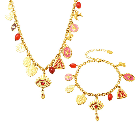 Wholesale Ferris Wheel Devil's Eye Multiaccessory Necklace And Bracelet Set For Women Fashion Stainless Steel And Titanium Steel Electroplated Jewelry
