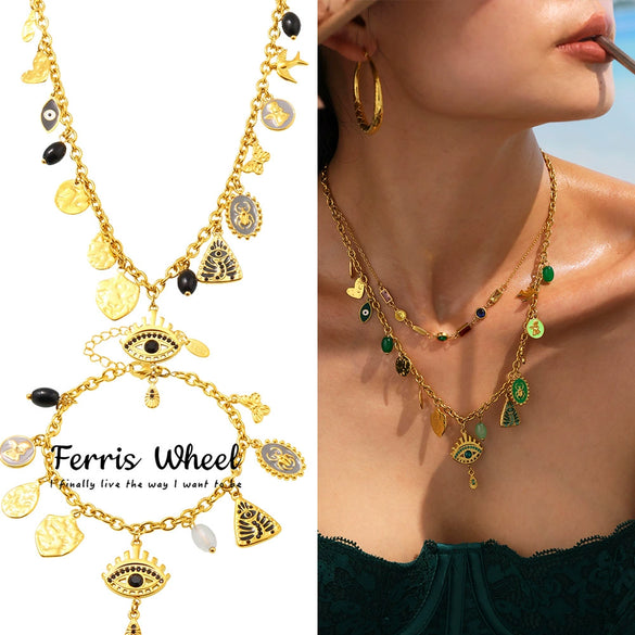 Wholesale Ferris Wheel Devil's Eye Multiaccessory Necklace And Bracelet Set For Women Fashion Stainless Steel And Titanium Steel Electroplated Jewelry