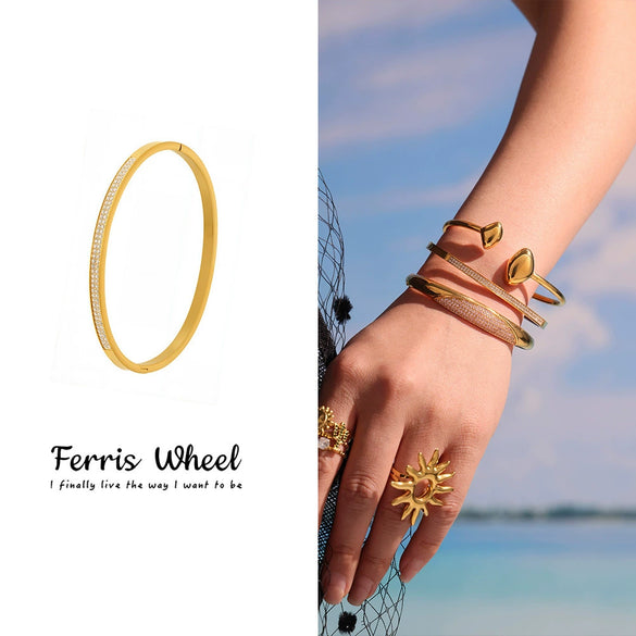 Wholesale Ferris Wheel Doublerow Fulldrill 5A Zircon Buckle Bracelet Geometric Fashion Stainless Steel Goldplated Electroplated