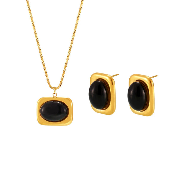 Wholesale Ferris Wheel Earrings And Necklace Set For Women Made Of Stainless Steel And Black Onyx With Titanium Steel Pendant And 18K Real Gold Electroplating