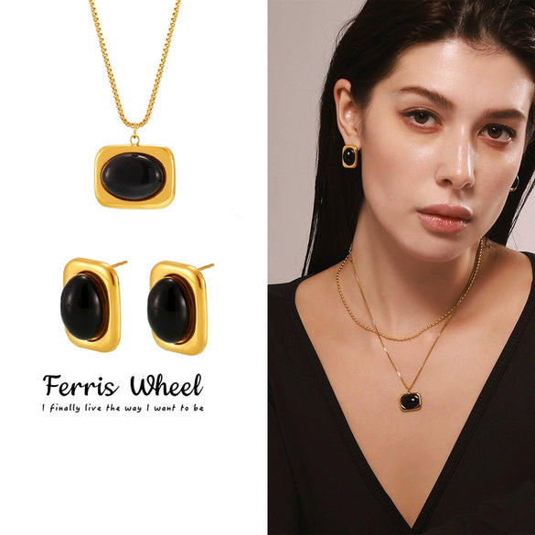 Wholesale Ferris Wheel Earrings And Necklace Set For Women Made Of Stainless Steel And Black Onyx With Titanium Steel Pendant And 18K Real Gold Electroplating