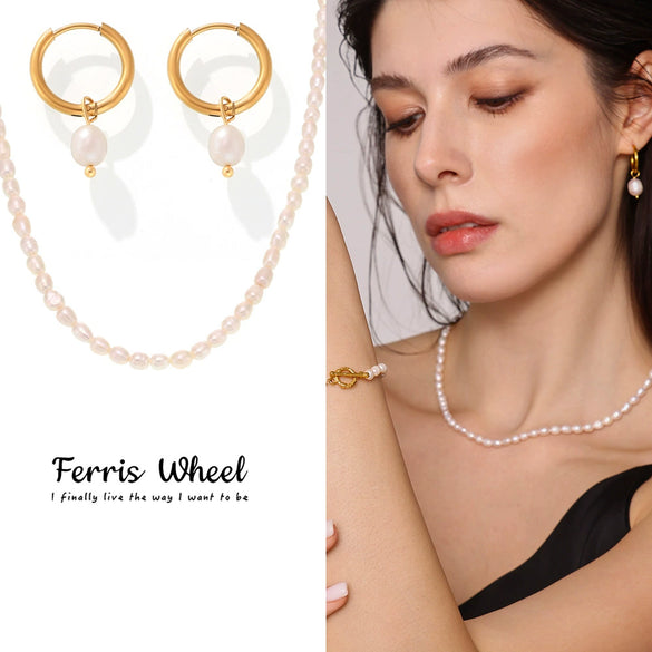 Wholesale Ferris Wheel Elegant Freshwater Pearl And Stainless Steel Electroplated Necklace Bracelet Earrings Set For Women