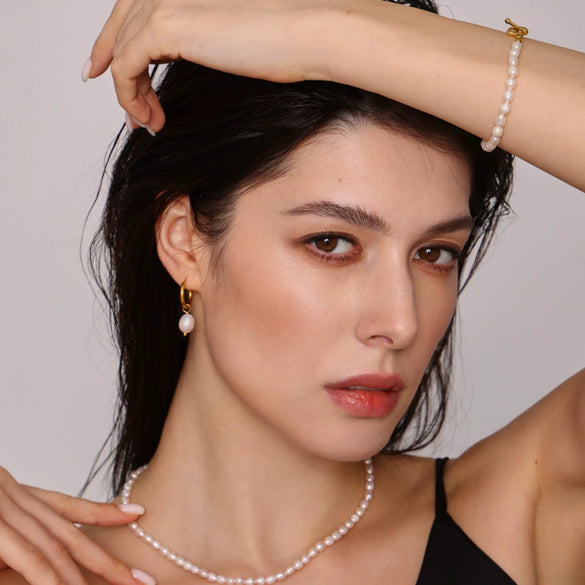 Wholesale Ferris Wheel Elegant Freshwater Pearl And Stainless Steel Electroplated Necklace Bracelet Earrings Set For Women