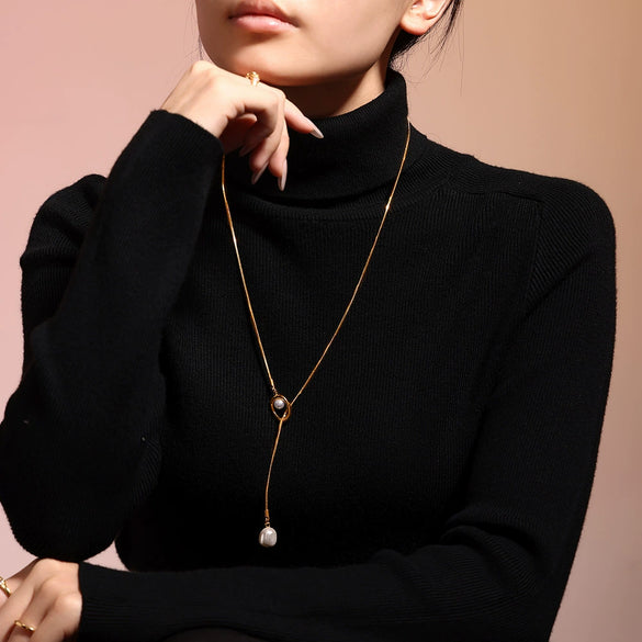 Wholesale Ferris Wheel French Tassel Imitation Pearl Long Sweater Chain Titanium Steel Geometric Electroplated Unisex Jewelry Accessories