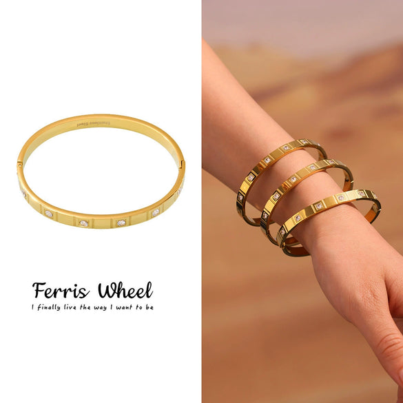 Wholesale Ferris Wheel Geometric Fashion Stainless Steel Electroplated 8K Real Gold Colorpreserving Inlaid Diamond Bracelet For Women