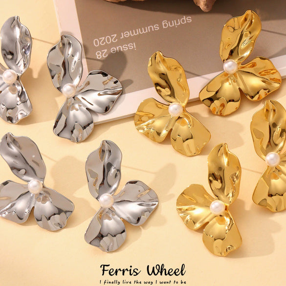 Wholesale Ferris Wheel Geometric Stainless Steel Electroplated Sunflower Petals And Shell Beads Exaggerated Earrings For Women