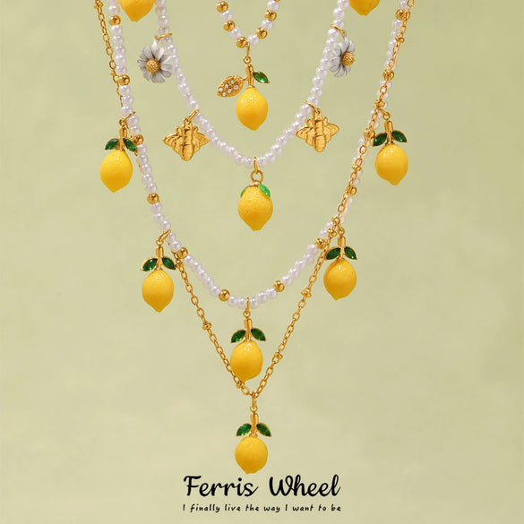 Wholesale Ferris Wheel Lemon Geometric Pendant Stainless Steel And Titanium Steel Electroplated Necklace And Jewelry Set For Women