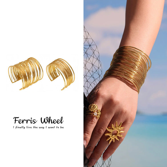 Wholesale Ferris Wheel Multilayer Open Bracelet Stainless Steel Goldplated Geometric Fashion Arm Ring Jewelry