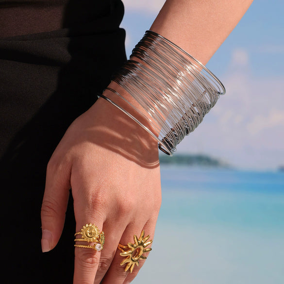 Wholesale Ferris Wheel Multilayer Open Bracelet Stainless Steel Goldplated Geometric Fashion Arm Ring Jewelry