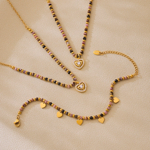 Wholesale Ferris Wheel Natural Stone Beaded Titanium Steel Electroplated Necklace And Bracelet Jewelry Set For Unisex