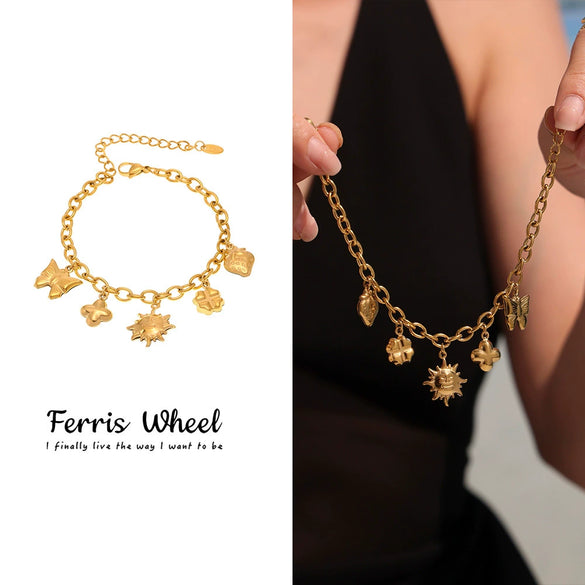 Wholesale Ferris Wheel Strawberry Butterfly Geometric Pendant Bracelet Anklet Stainless Steel Electroplated Women's Jewelry