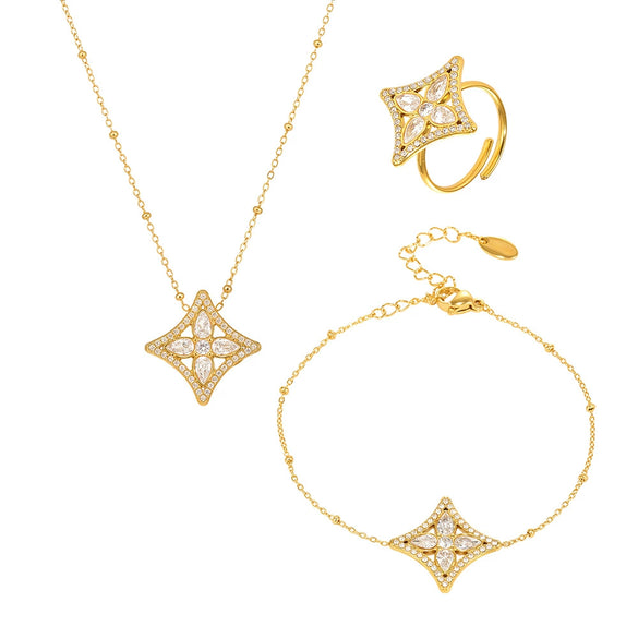 Wholesale Ferris Wheel Zircon Rhombus Flower Stainless Steel Electroplated Jewelry Set For Women