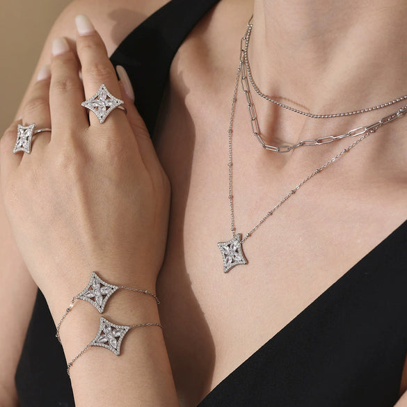 Wholesale Ferris Wheel Zircon Rhombus Flower Stainless Steel Electroplated Jewelry Set For Women