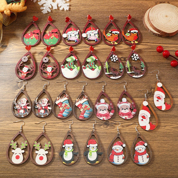 Wholesale Festival Elements Geometric Wood Earrings For Women With Christmas Series Cartoon Designs Like Santa Claus Elk Snowman Dinosaur And Penguin