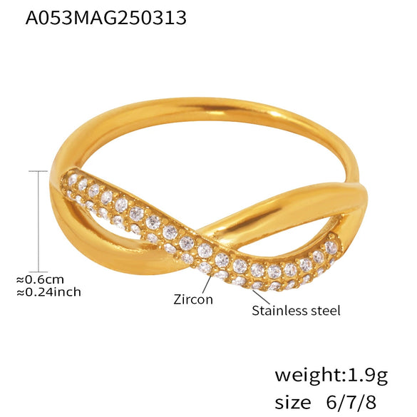 Wholesale Fine Twist Finger Ring In Stainless Steel With Geometric Zircon Cross 18K Real Gold Electroplated For Women