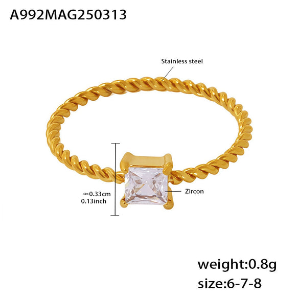 Wholesale Fine Twist Square Super Flash Zircon Light Luxury Elegant Stainless Steel Ring For Women With Electroplating Geometric Design