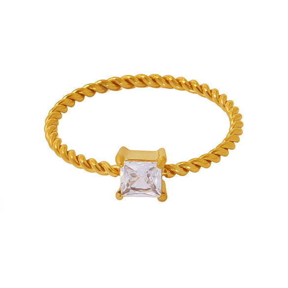 Wholesale Fine Twist Square Super Flash Zircon Light Luxury Elegant Stainless Steel Ring For Women With Electroplating Geometric Design