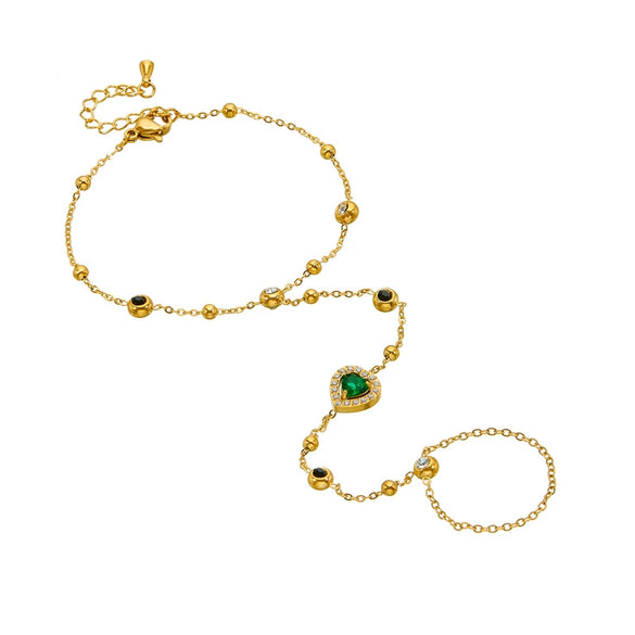 Wholesale Finger Bracelet Stainless Steel Geometric Heart Shape Inlaid Green Diamond Electroplated For Women