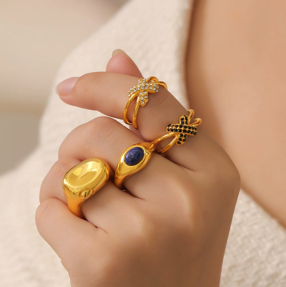 Wholesale Finger Ring 316L Stainless Steel Geometric Blue Turquoise Goldplated Diamond Design
