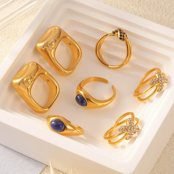 Wholesale Finger Ring 316L Stainless Steel Geometric Blue Turquoise Goldplated Diamond Design