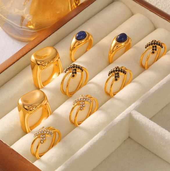 Wholesale Finger Ring 316L Stainless Steel Geometric Blue Turquoise Goldplated Diamond Design