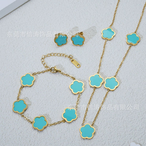 Wholesale Five Leaf Flower Single Sided Plant Jewelry Set For Women Titanium Steel Electroplated Necklace Earrings Bracelets With O Chain