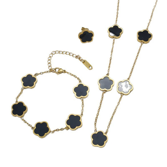 Wholesale Five Leaf Flower Single Sided Plant Jewelry Set For Women Titanium Steel Electroplated Necklace Earrings Bracelets With O Chain